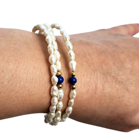 Hand Crafted Jewelry - Wrap around bracelet genuine rice pearls white Lapis Lazuli gold beaded boho